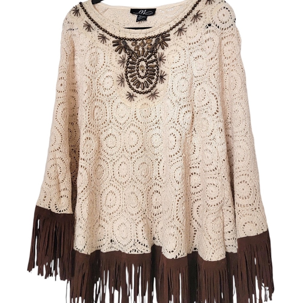 Ivory Crochet Beaded Fringe Poncho Coat